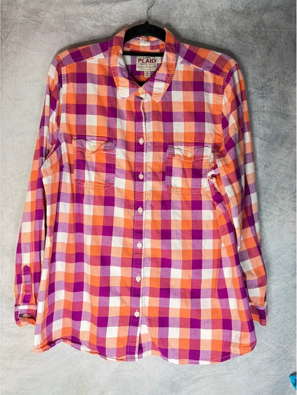 Old Navy Women’s XL Orange Purple Plaid Flannel Button Down Shirt 100% Cotton